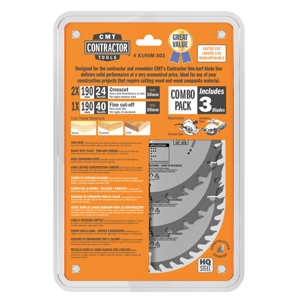 Sägeblätter Packung 190mm x 30mm Z24-24-40. 3 Stk. Packung