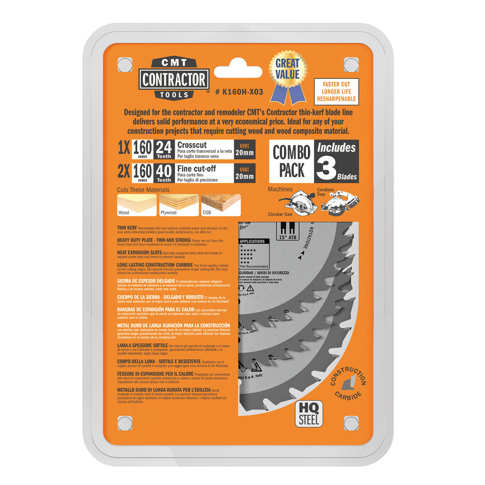 Sägeblätter Packung 160mm x 20mm Z24-40-40. 3 Stk. Packung